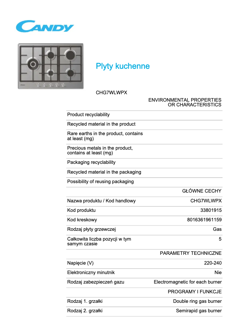 Page n°1 - Fiche technique Candy CHG7WLWPX