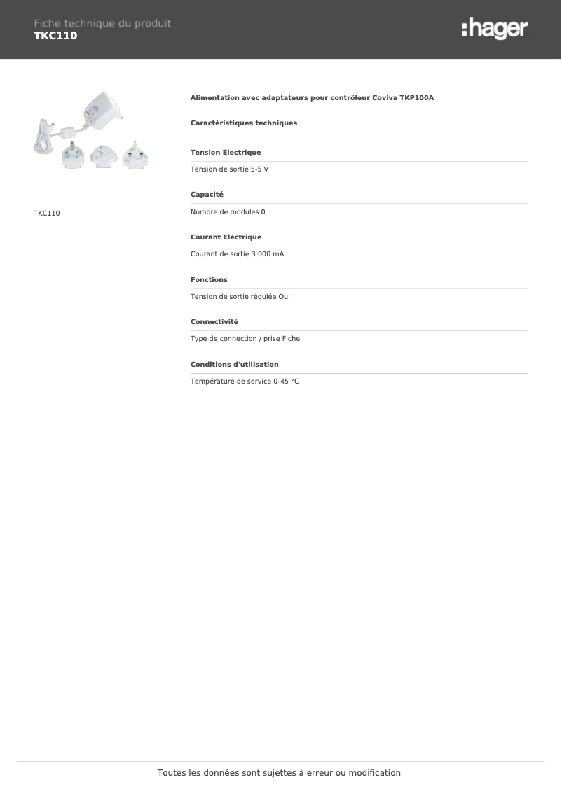 Page n°1 - Fiche technique Hager TKC110