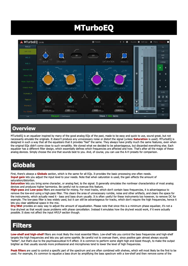 Page n°1 - Manuel utilisateur MeldaProduction MTurboEQ