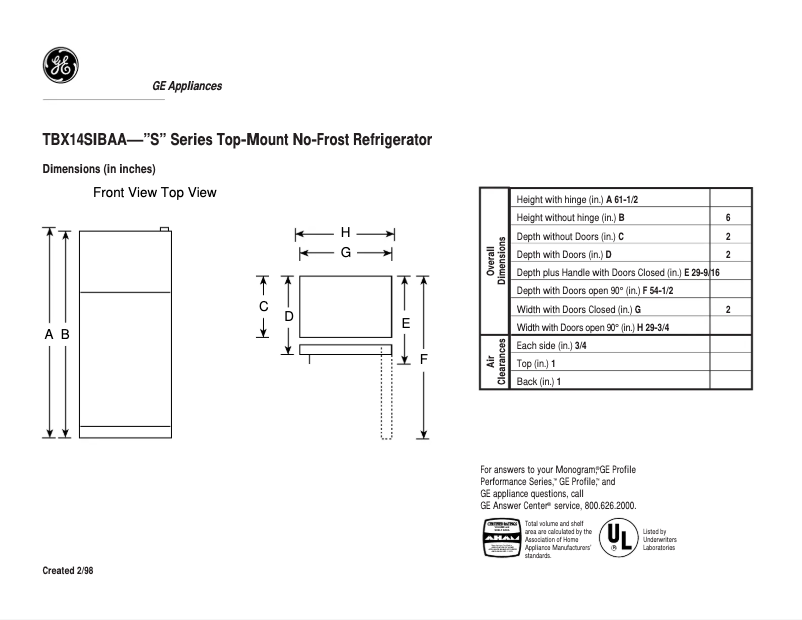 Page 1 of the manual Technical Sheet GE TBX14SIBLAA