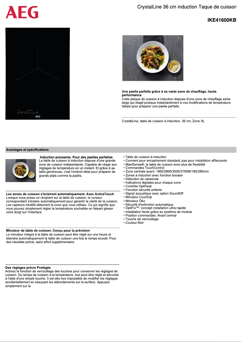 Page 1 de la notice Fiche technique AEG IKE41600KB