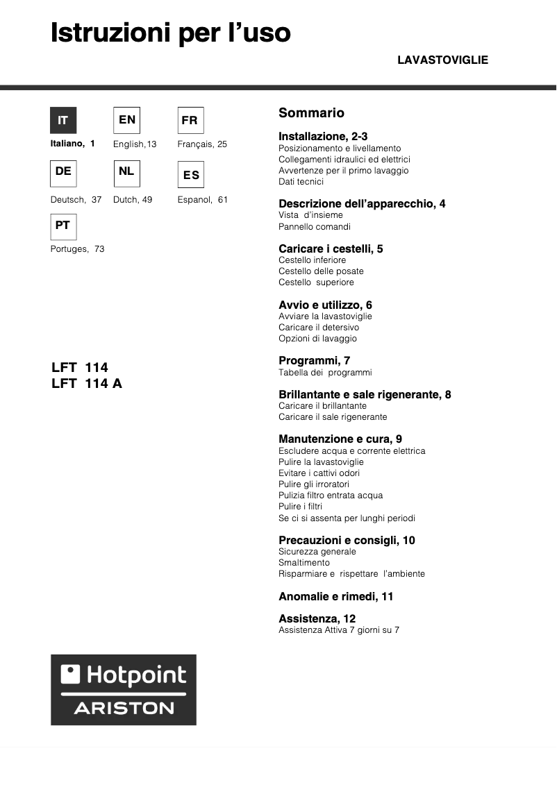 Page 1 de la notice Manuel utilisateur Hotpoint Ariston LFT 114 A
