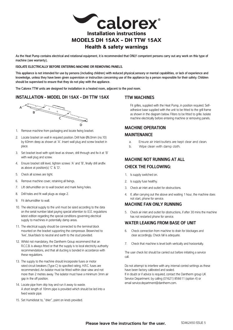 Page n°1 - Manuel utilisateur Calorex DH 15AX