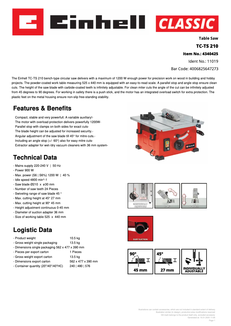 Page n°1 - Fiche technique Einhell TC-TS 210