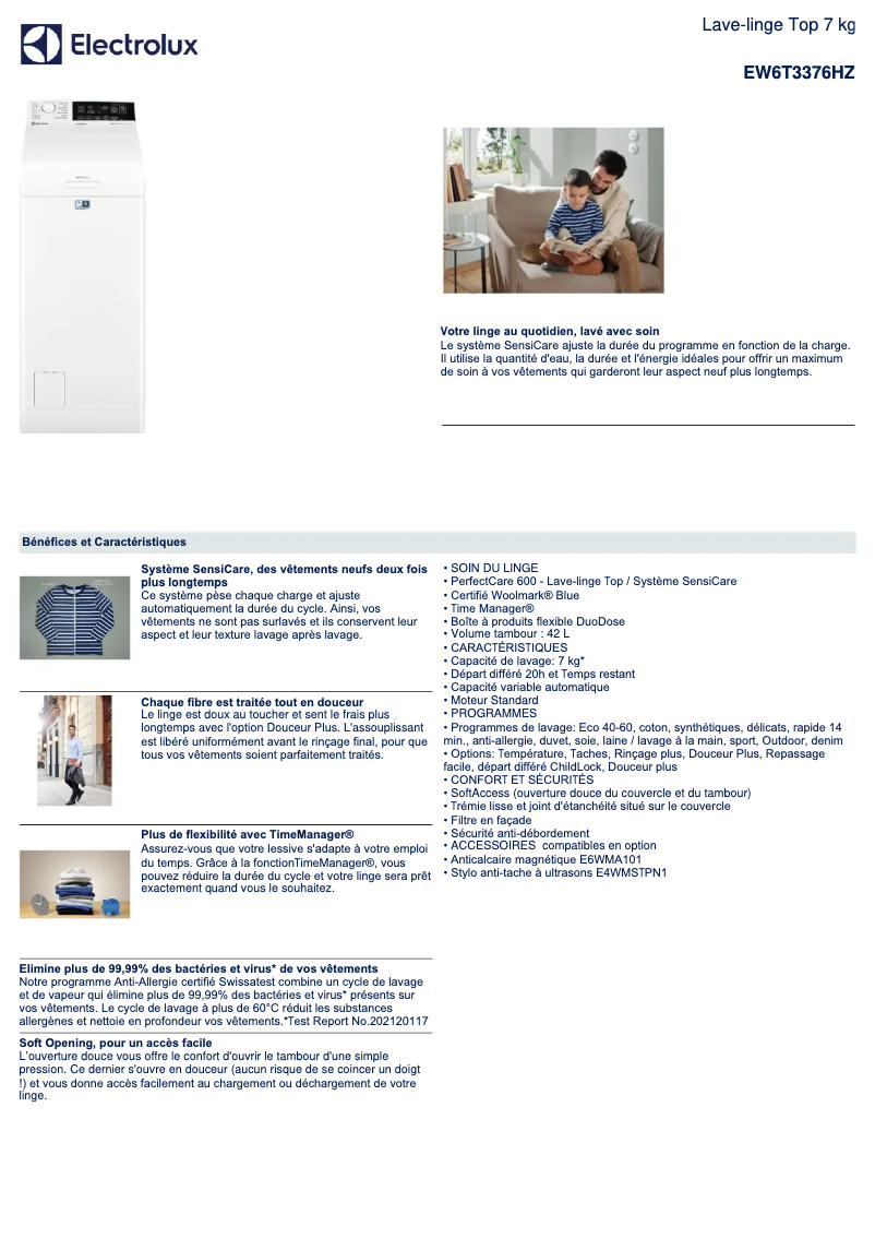 Page n°1 - Fiche technique Electrolux EW6T3376HZ