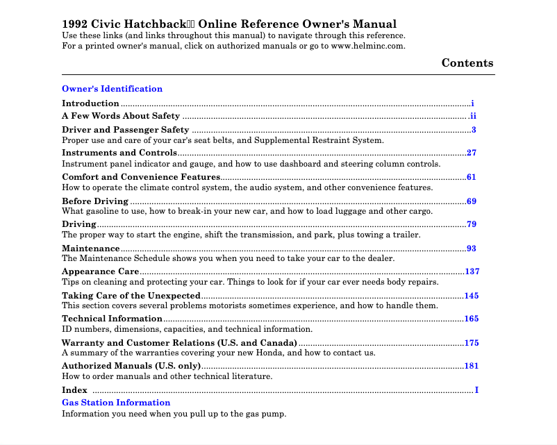 Page 1 de la notice Manuel utilisateur Honda Civic (1992)