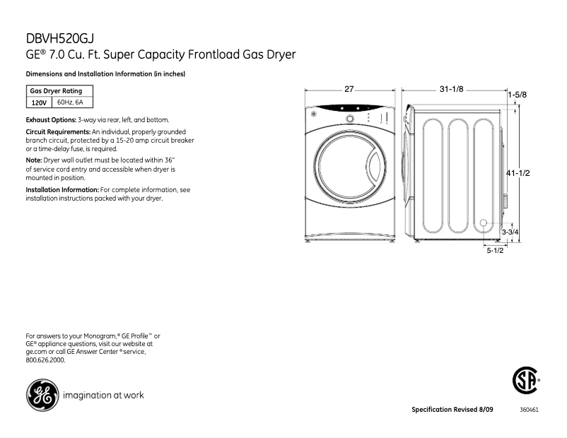 Página 1 del manual Ficha técnica GE DBVH520GJWW