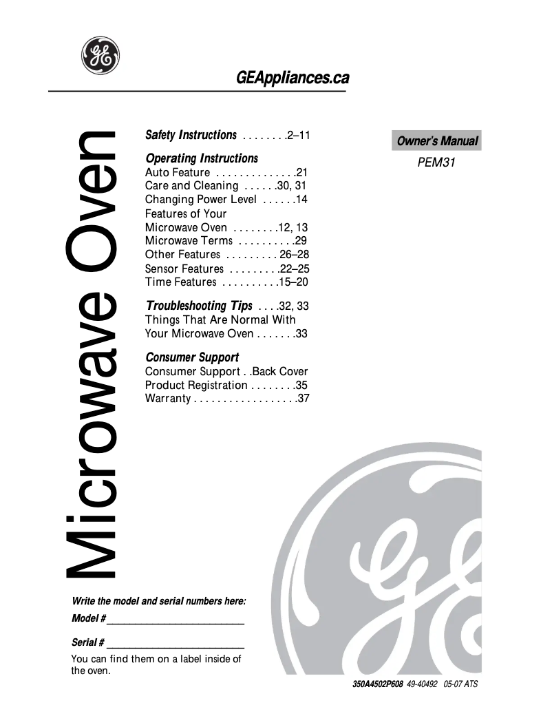 Page 1 de la notice Manuel utilisateur GE PEM31WMC