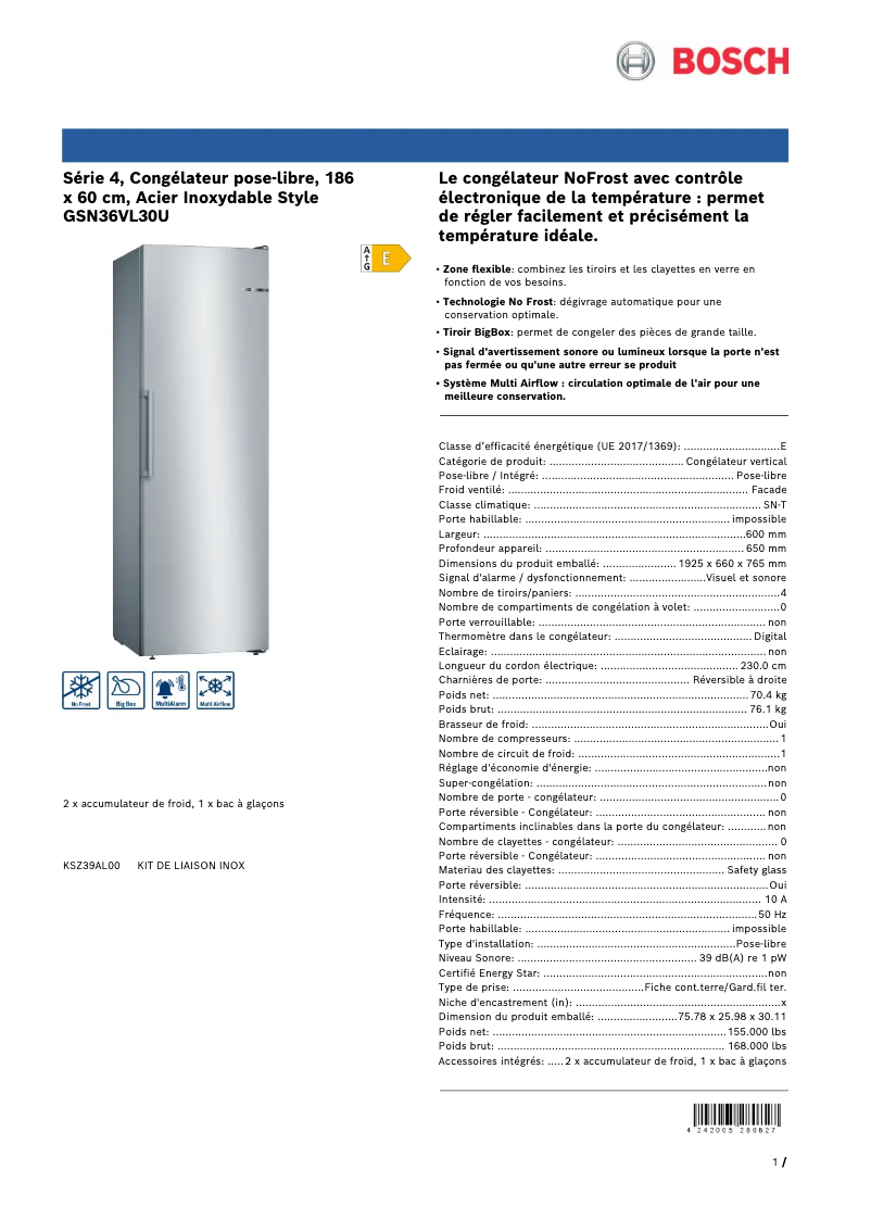 Page 1 de la notice Fiche technique Bosch GSN36VL30U
