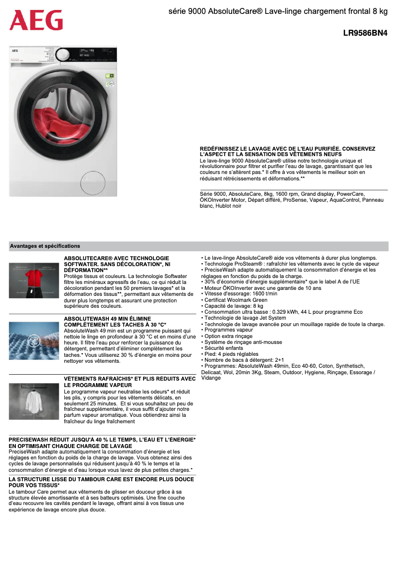 Page n°1 - Fiche technique AEG LR9586BN4