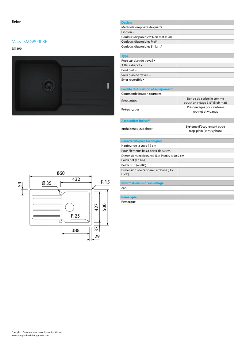 Page n°1 - Fiche technique Blaupunkt Maira SMG8990BE
