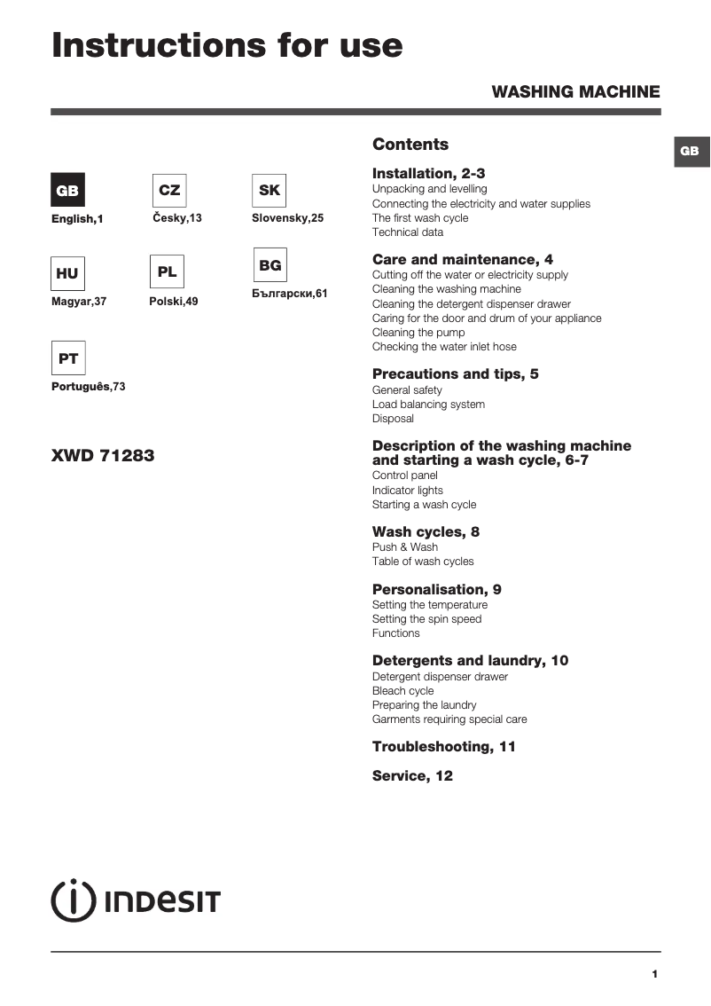 Page n°1 - Manuel utilisateur Indesit XWD 71283