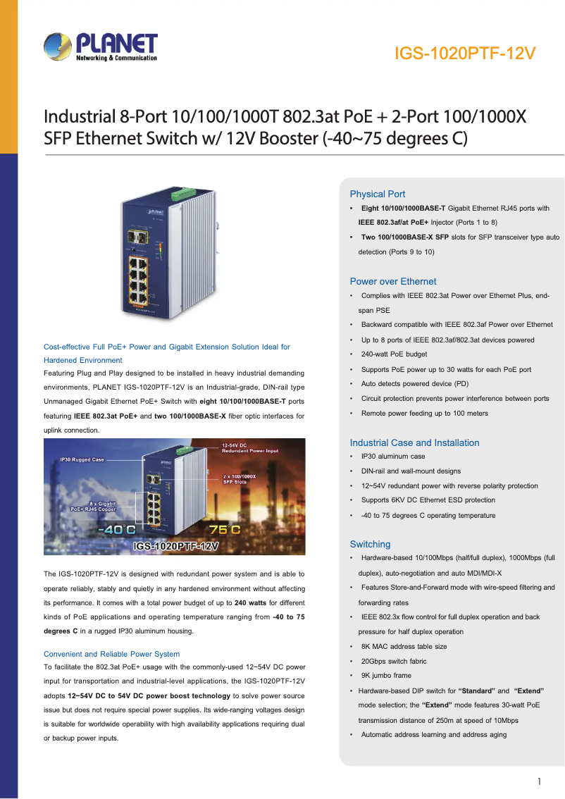 Image de la première page du manuel de l'appareil IGS-1020PTF-12V