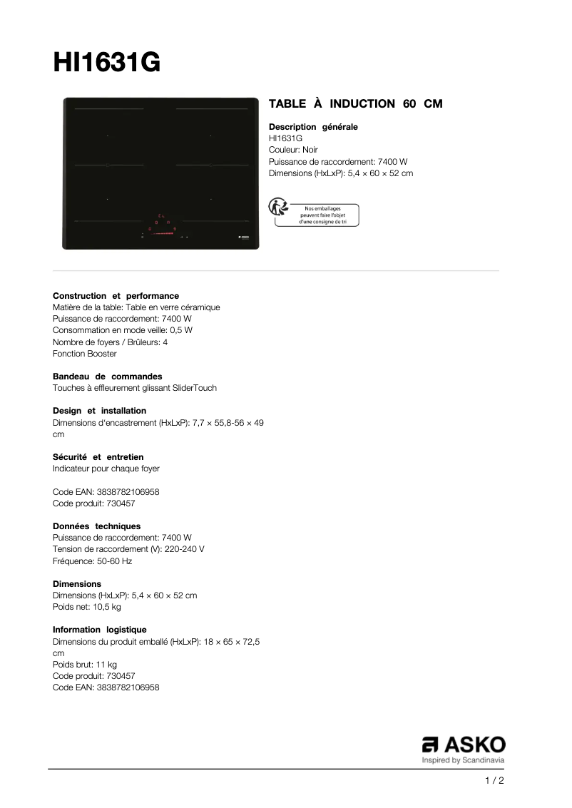 Page 1 de la notice Fiche technique Asko HI1631G