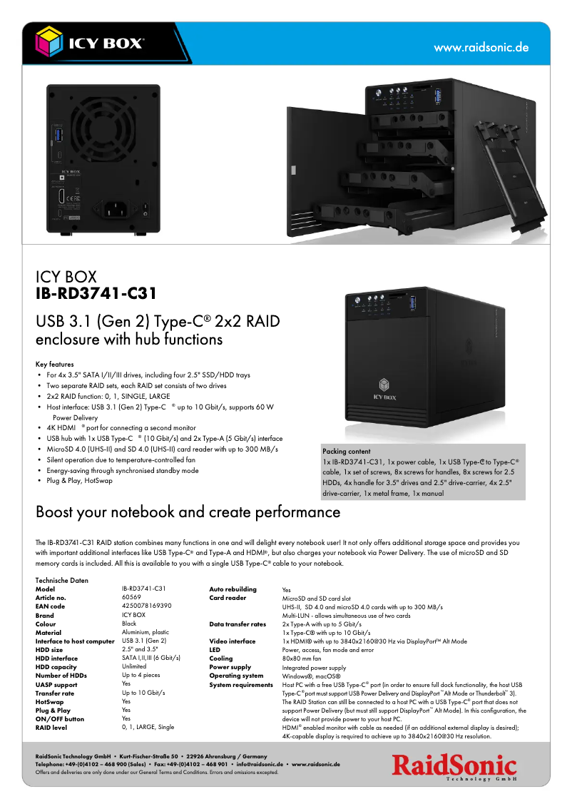 Page 1 de la notice Fiche technique Icy Box IB-RD3741-C31