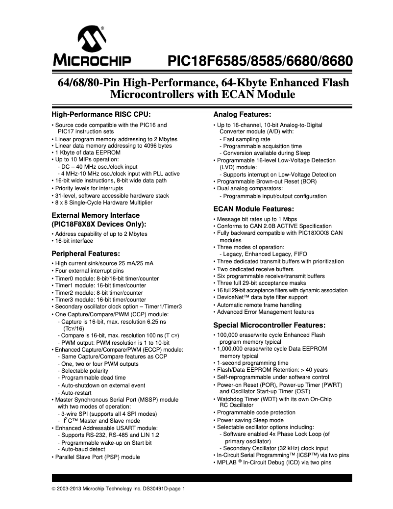 Page 1 de la notice Fiche technique Microchip PIC18F6680