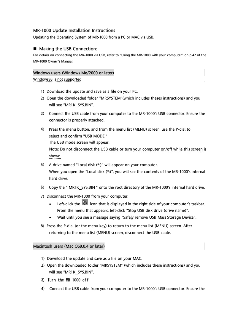 Page n°1 - Guide d'installation Korg MR-1000