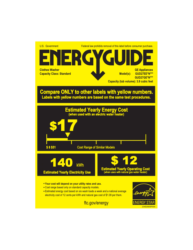 Page 1 de la notice Label énergétique GE GUD27EESNWW