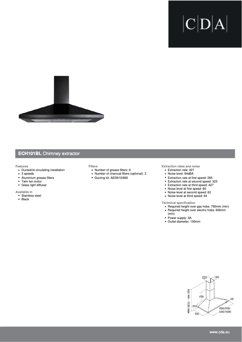 Page 1 of the manual Technical Sheet CDA ECH101BL