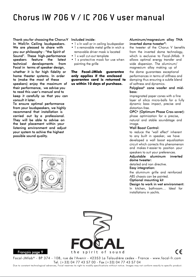 Page 1 de la notice Manuel utilisateur Focal Chorus IW 706 V