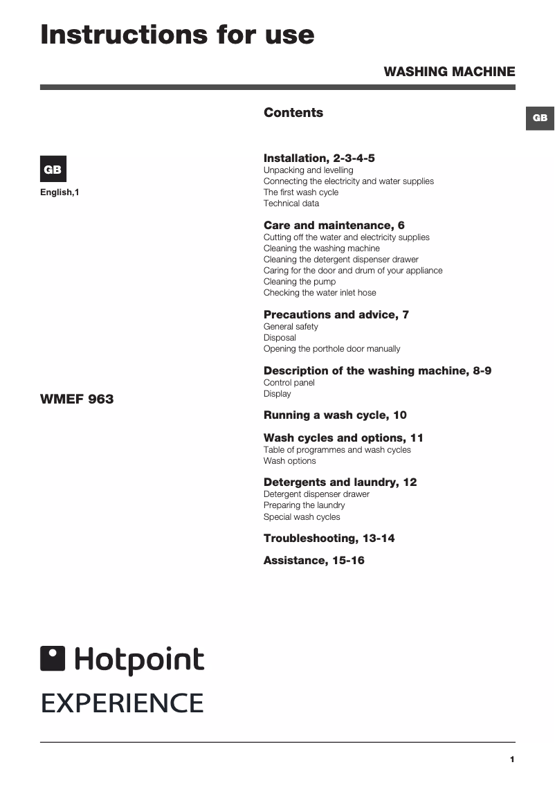 Page n°1 - Manuel utilisateur Hotpoint Ariston WMEF 963