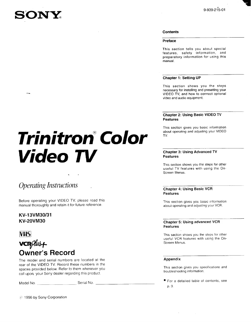 Page 1 de la notice Manuel utilisateur Sony KV-20VM30