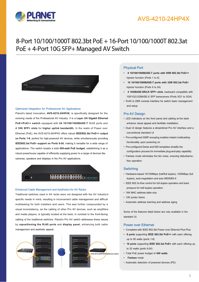 Page 1 de la notice Fiche technique Planet AVS-4210-24HP4X