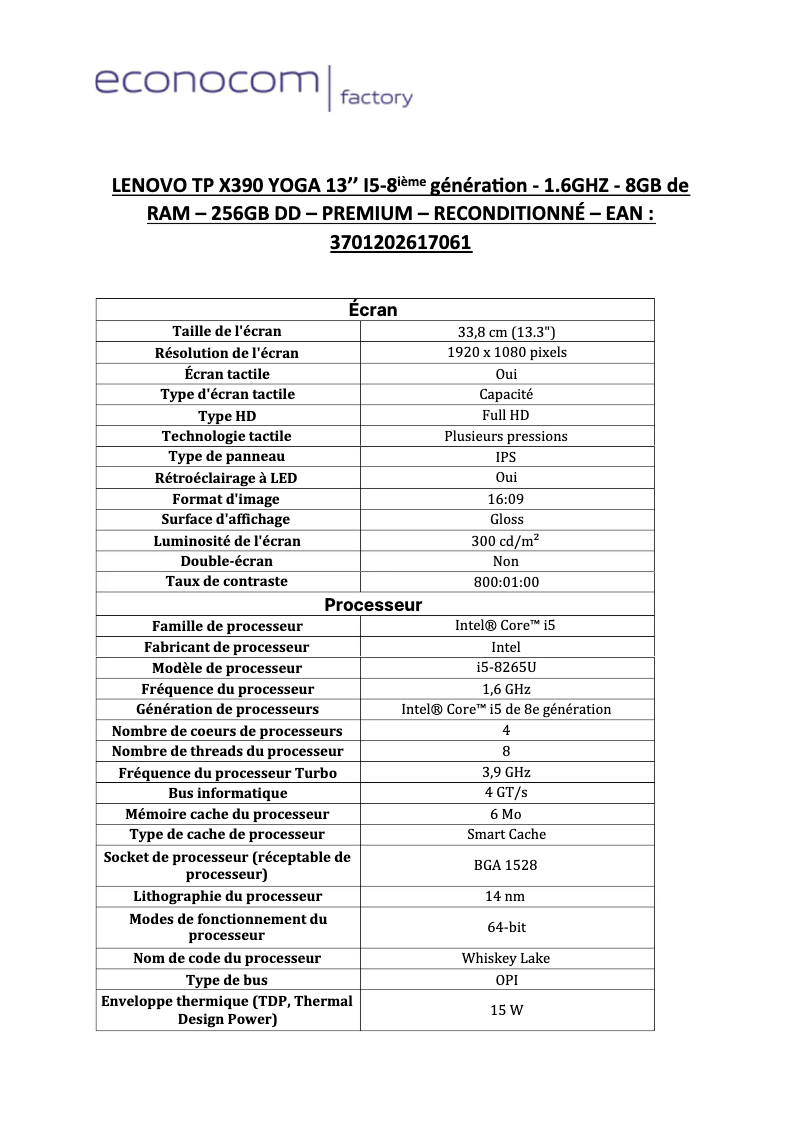 Page 1 de la notice Manuel utilisateur Lenovo ThinkPad X390 Yoga
