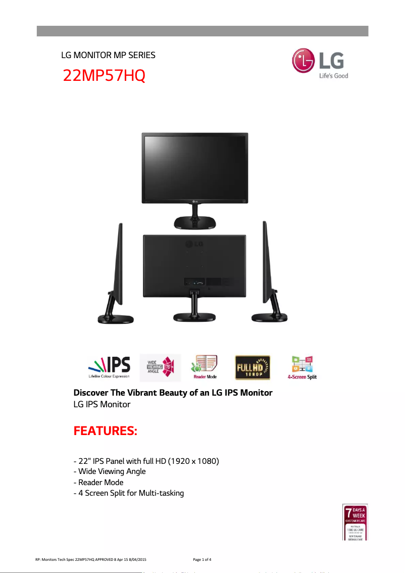 Page 1 de la notice Fiche technique LG 22MP57HQ