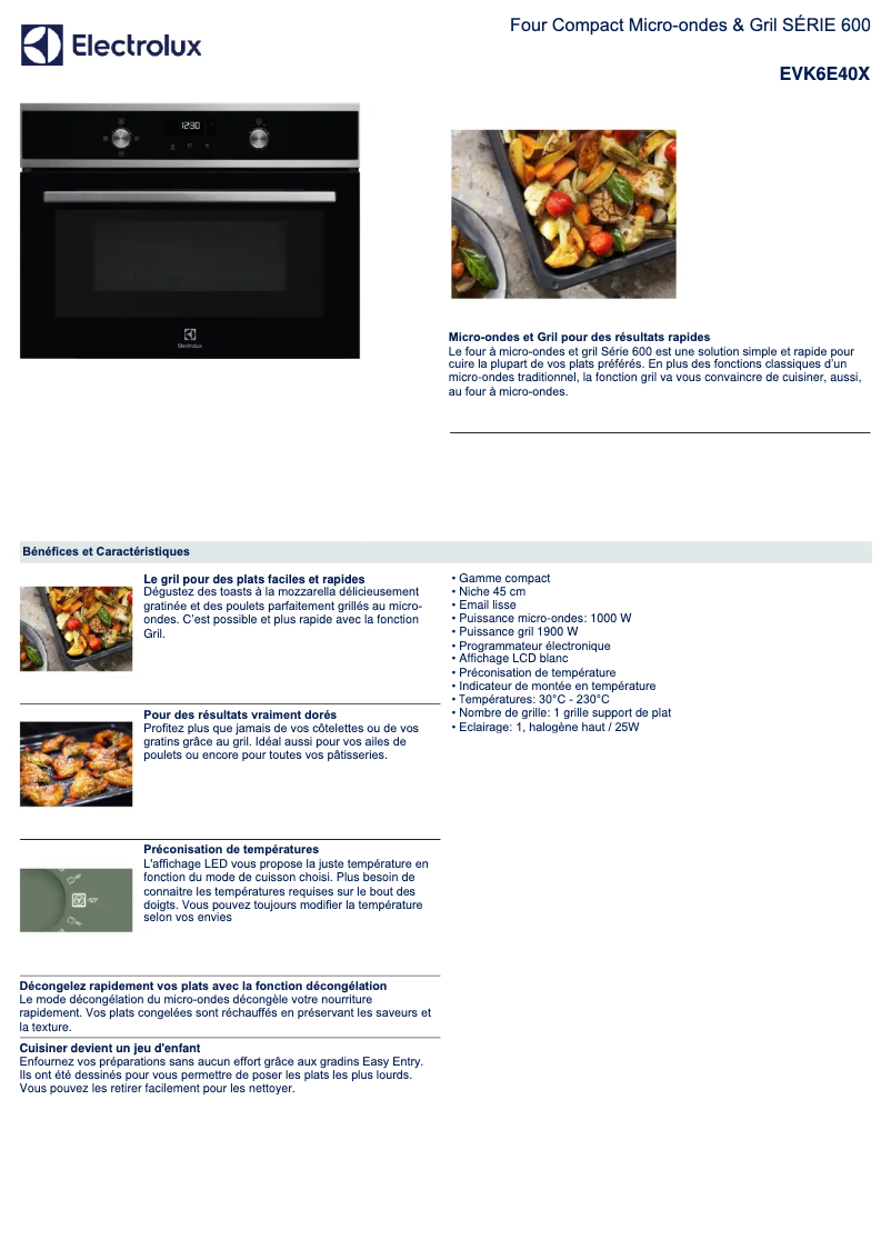 Page 1 de la notice Fiche technique Electrolux EVK6E40X