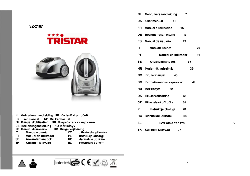 Page 1 de la notice Manuel utilisateur TriStar SZ-2187