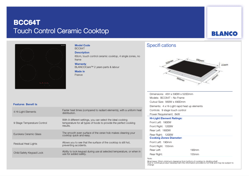 Page n°1 - Fiche technique BLANCO BCC64T