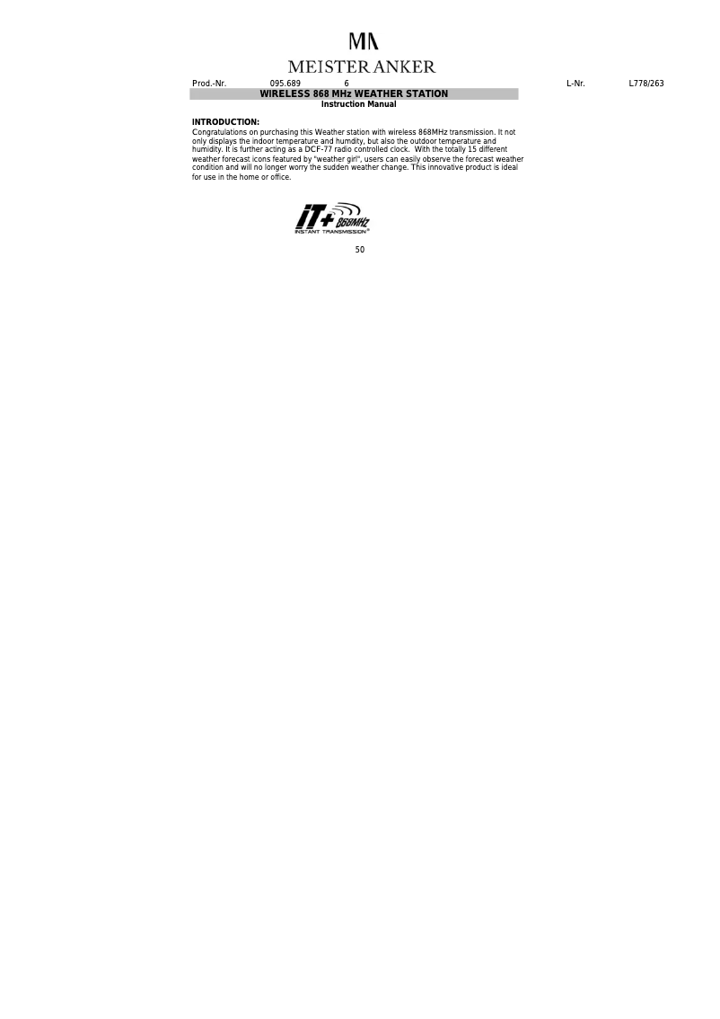 Page 1 de la notice Manuel utilisateur Techno Line WS 9624 IT