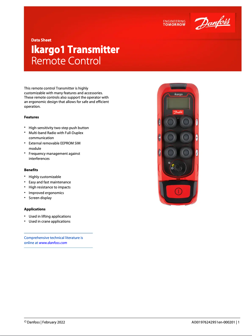 Page 1 de la notice Fiche technique Danfoss Ikargo