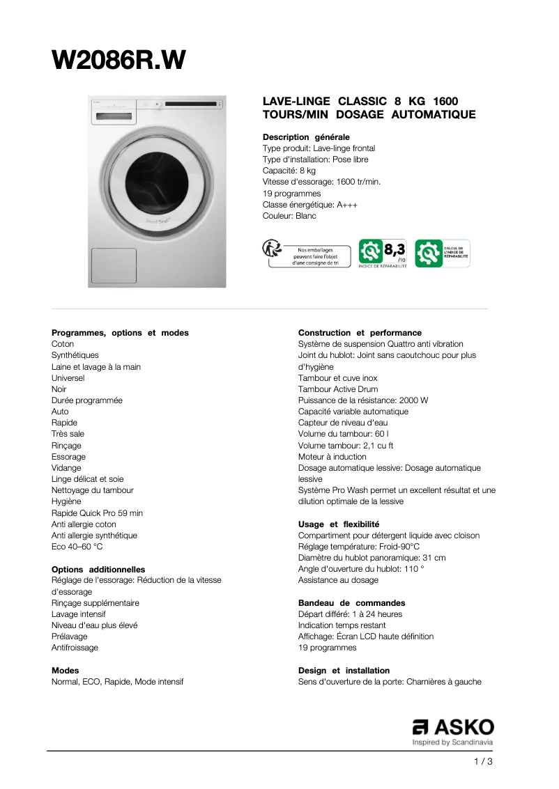 Page n°1 - Fiche technique Asko W2086R.W