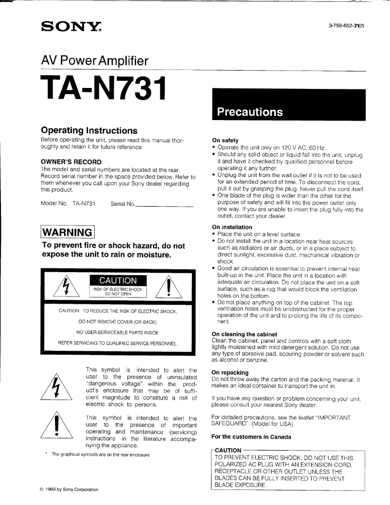 Page n°1 - Manuel utilisateur Sony TA-N731