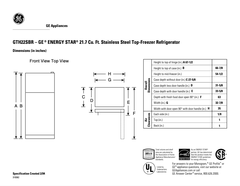 Página 1 del manual Ficha técnica GE GTH22SBRBS