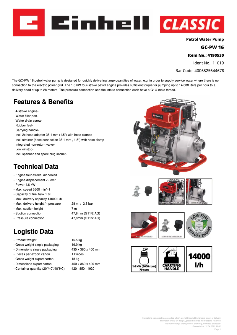 Page 1 de la notice Fiche technique Einhell GC-PW 16