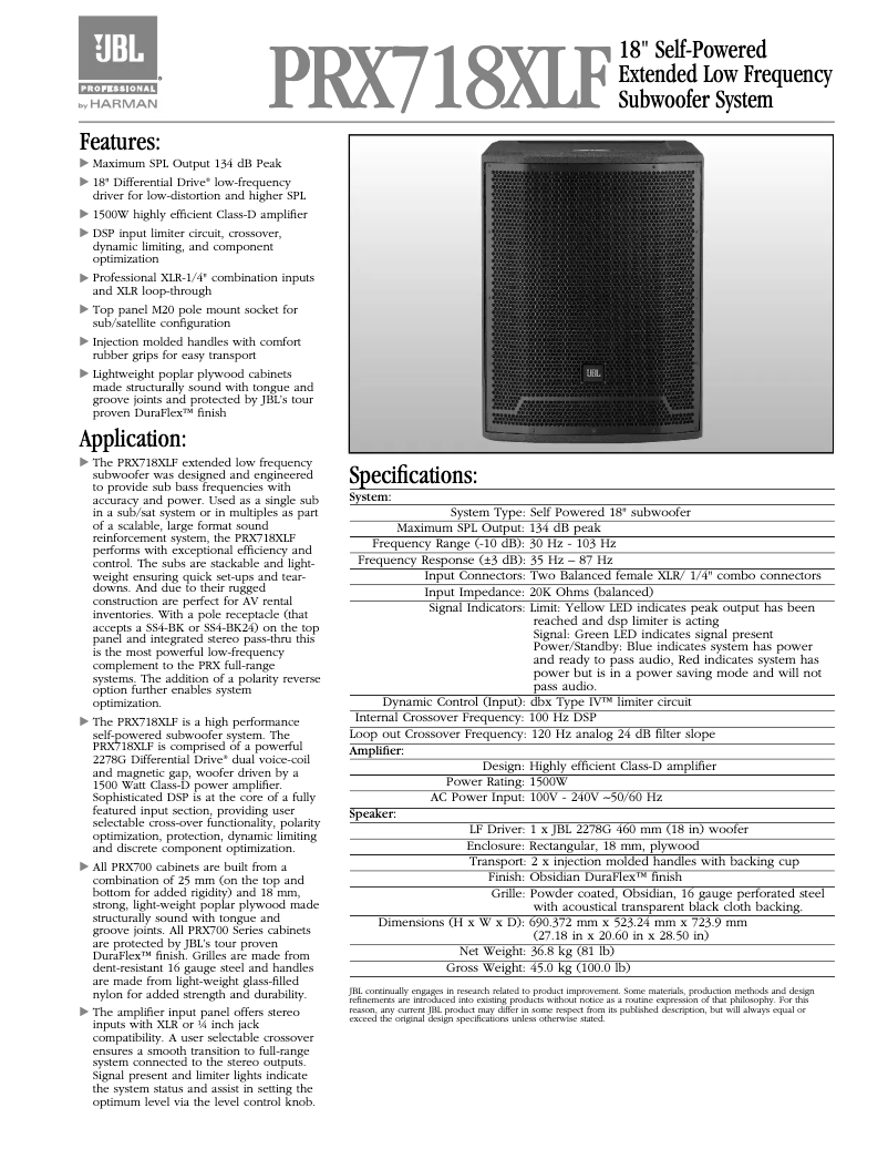 Page n°1 - Fiche technique JBL PRX718XLF