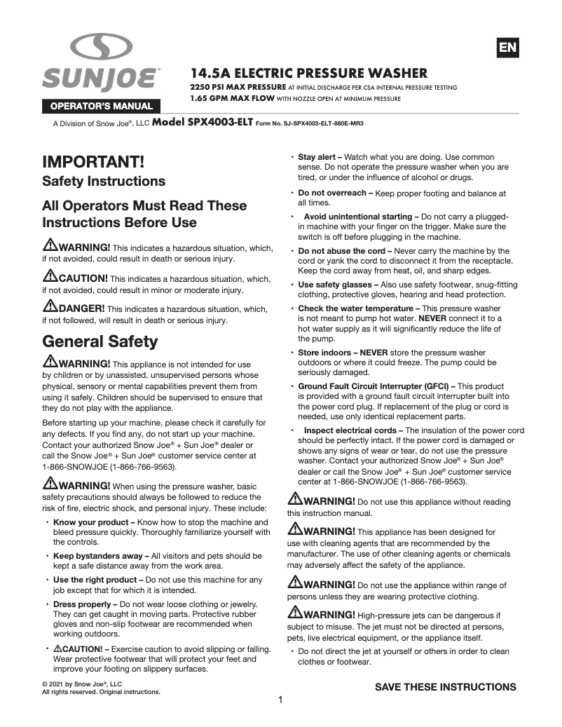 Page n°1 - Manuel utilisateur Sun Joe SPX4003-ELT