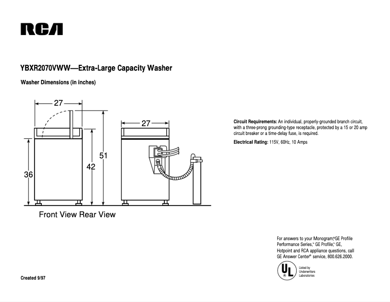 Page 1 de la notice Fiche technique RCA YBXR2070VWW