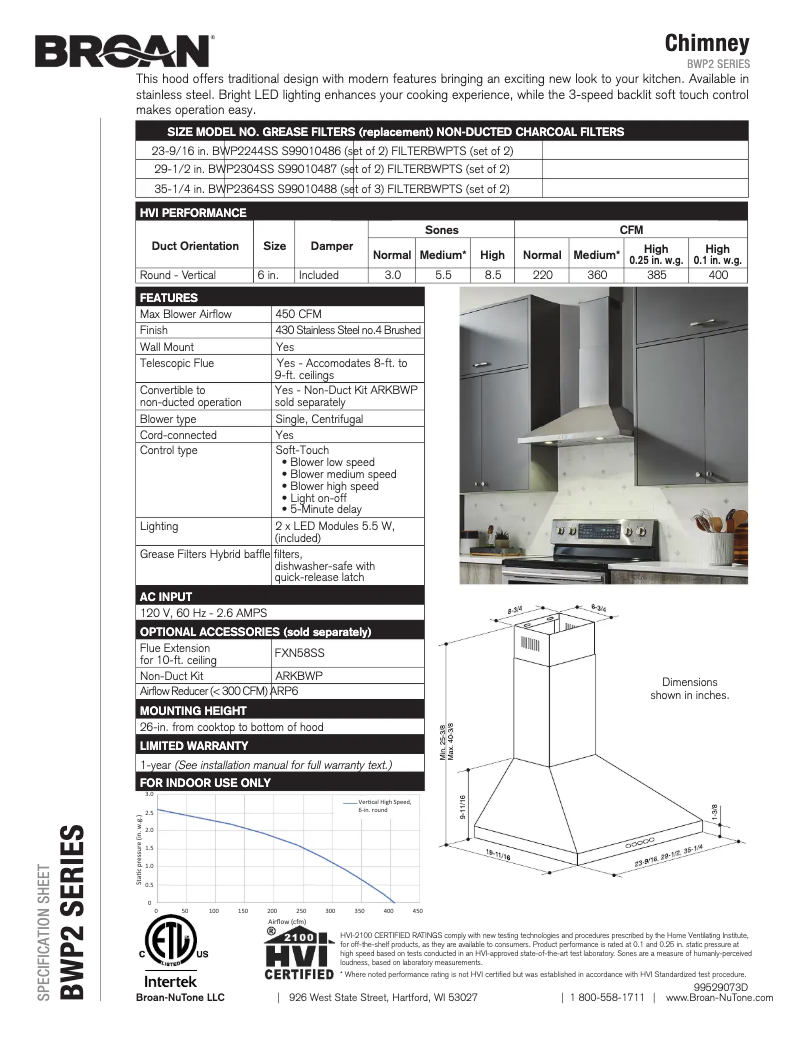 Page n°1 - Fiche technique Broan BWP2364SS
