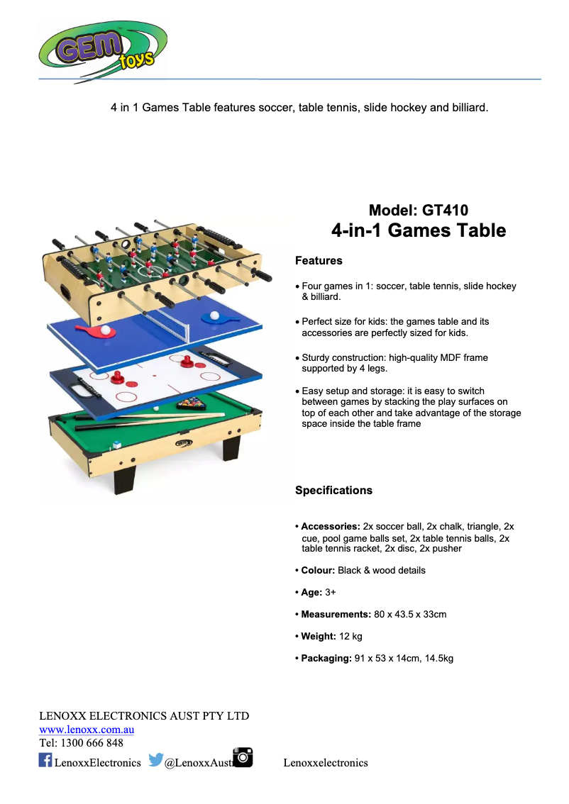 Page n°1 - Fiche technique Gem Toys GT410