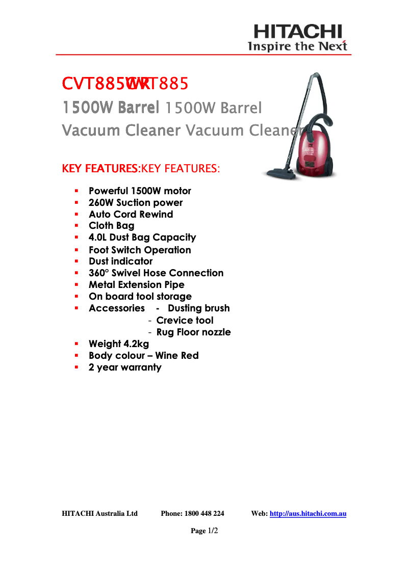 Page 1 de la notice Fiche technique Hitachi CV-T885