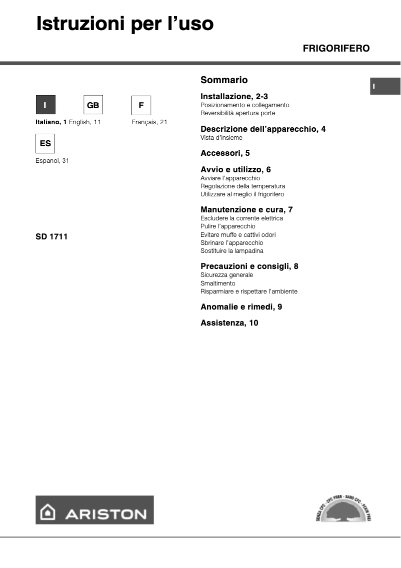 Page 1 de la notice Manuel utilisateur Ariston Thermo SD1711