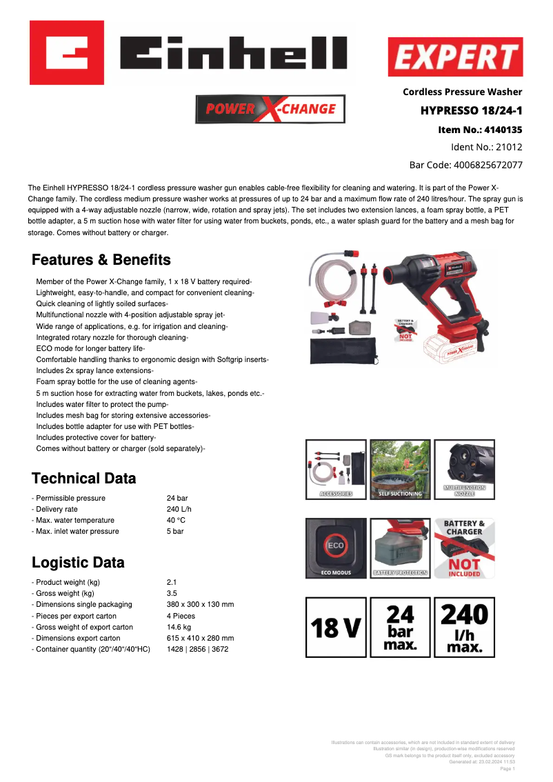 Page n°1 - Fiche technique Einhell HYPRESSO 18/24-1