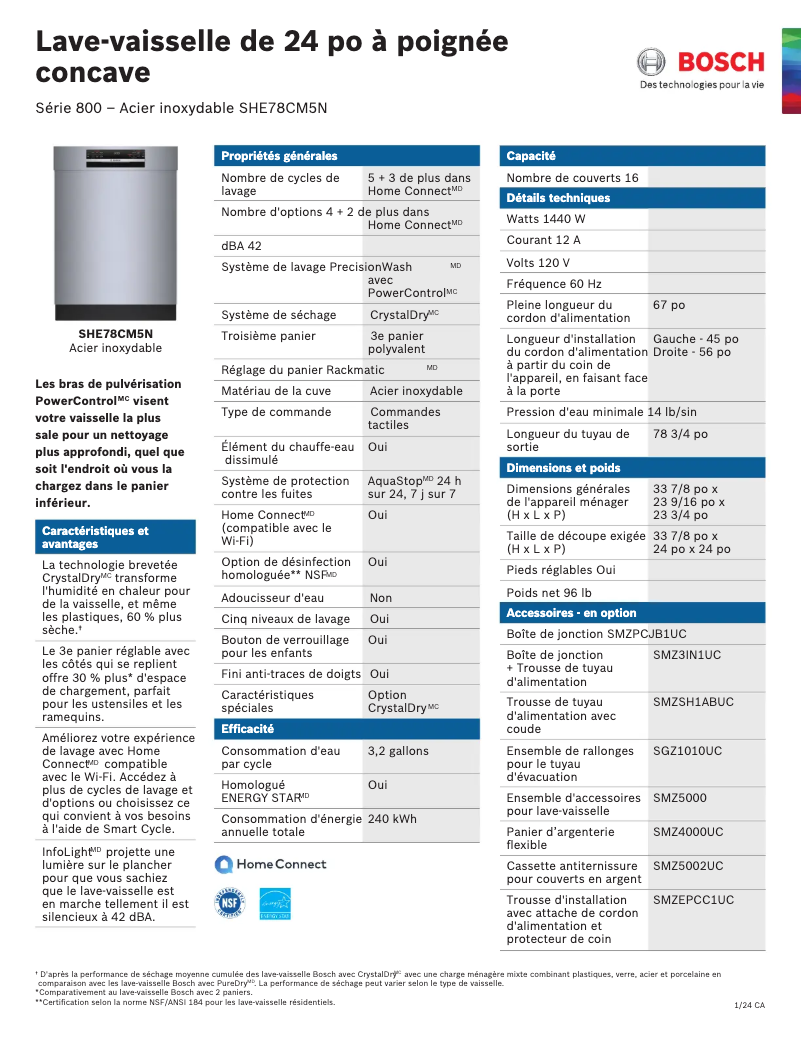 Page 1 de la notice Fiche technique Bosch SHE78CM5N