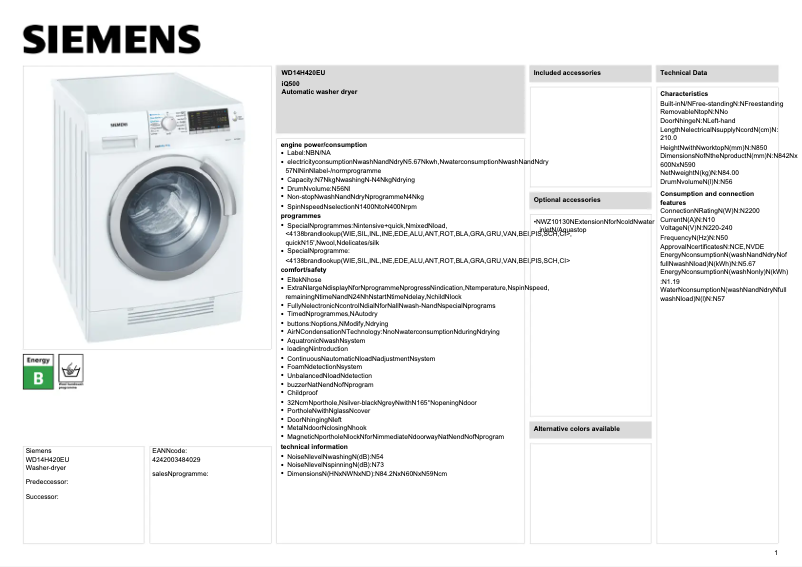 Page n°1 - Manuel utilisateur Siemens WD 14H420