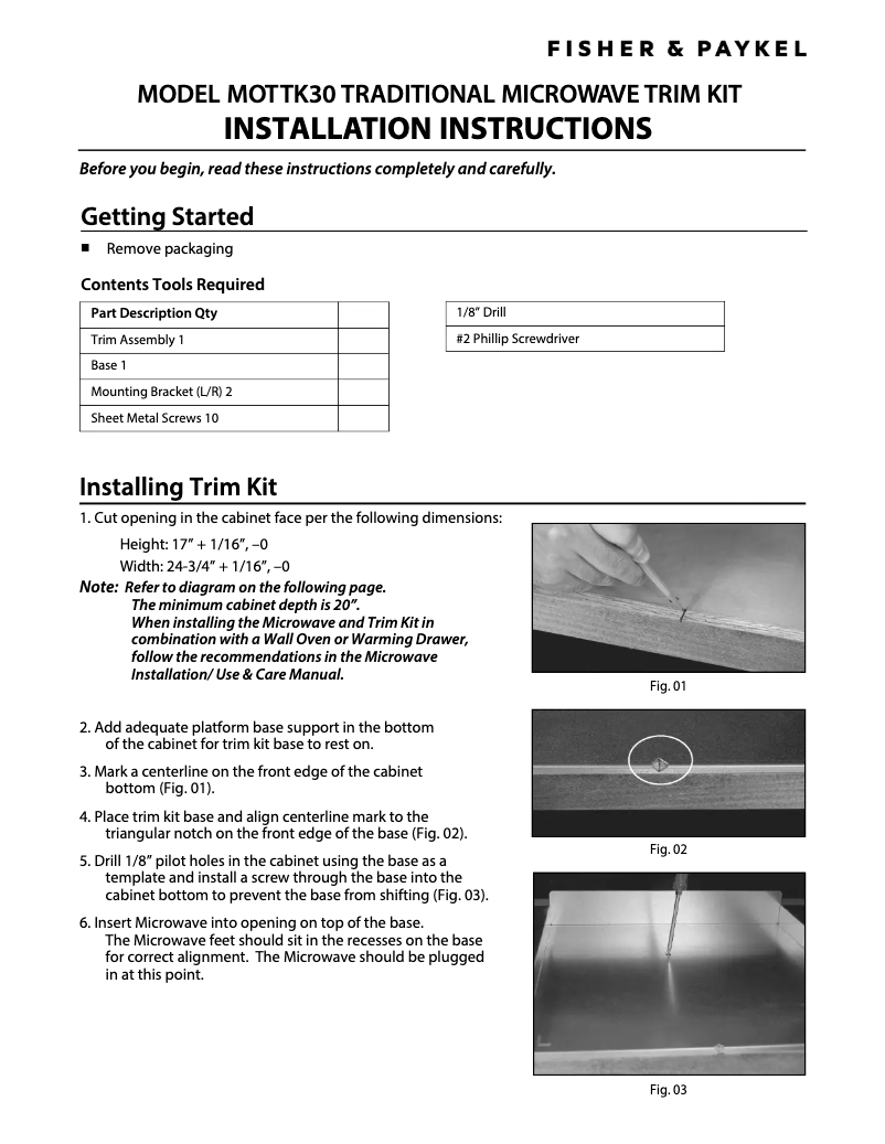 Page 1 de la notice Guide d'installation Fisher & Paykel MOTTK-30-SS