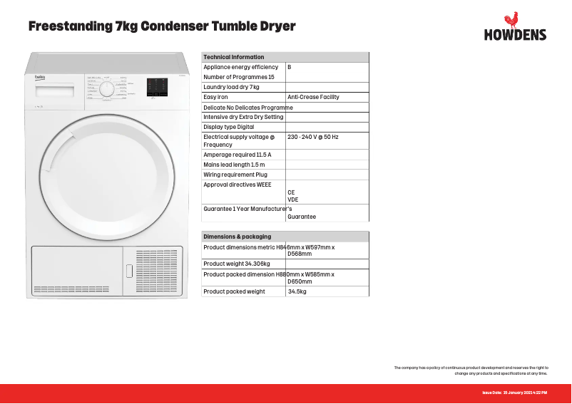 Page 1 de la notice Fiche technique Beko FBQ8805
